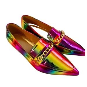 NWOT Shoes Sz 10.5 flat iridescent Rainbow  metallic Chain festival Coachella